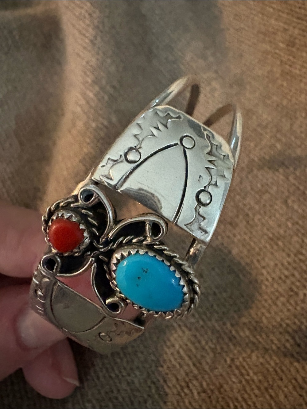 Sterling Navajo-Style Cuff with Turquoise & Coral Stones